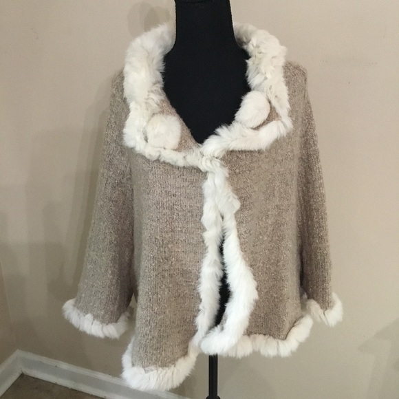 Carolina Women’s Genuine Rabbit Fur Trimmed Knit Cardigan - Picture 1 of 7